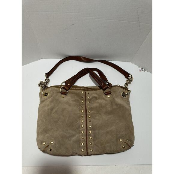 Michael Kors Altor Beige Brown Suede Leather Trim Studded Large Shoulder Bag - Picture 2 of 14